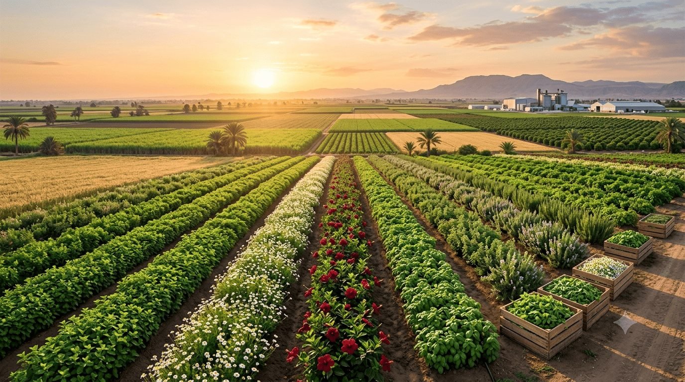 Fayoum farmland at sunset with rows of herb crops