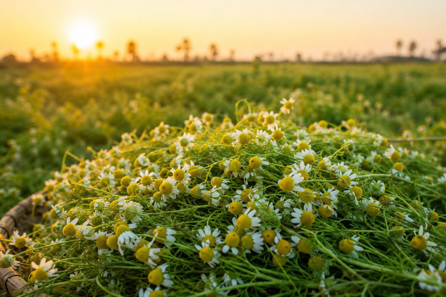 Freshly harvested chamomile flowers at sunset in Fayoum